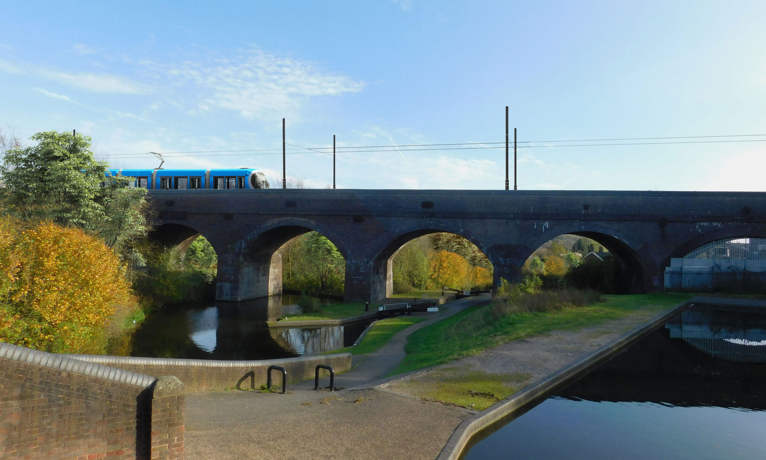 A computer generated image showing the future plans for West Midlands Metro vehicles to travel across Parkhead Viaduct in Dudley.
